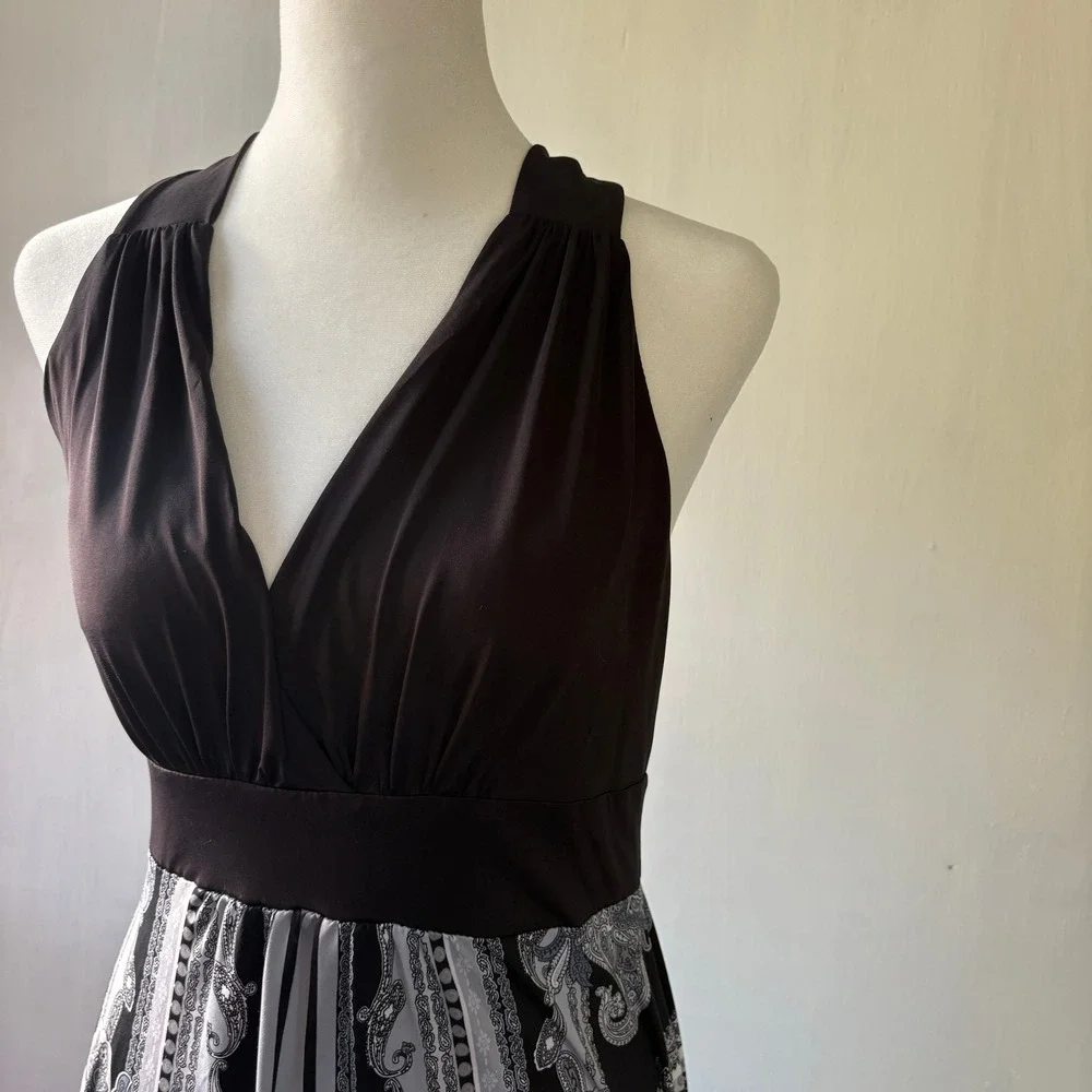 Medium Halter Dress MUSA USA Black Paisley Handkerchief Hem V‎ Neck Size Med y2k